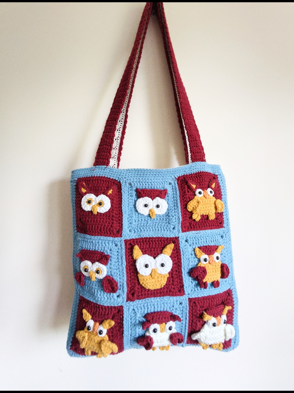 Handmade Blue Crochet Owl Patchwork Tote Bag